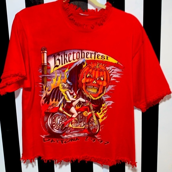 Harley-Davidson Tops - 1997 Daytona Biketoberfest Halloween Pin-Up/Motorcycle Custom Fringe Retro Tee